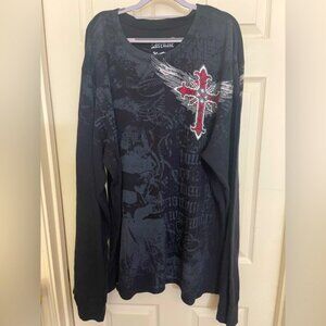 Vintage Archaic Affliction Men's Thermal Shirt -Cross+ Wings Y2K Grunge Black